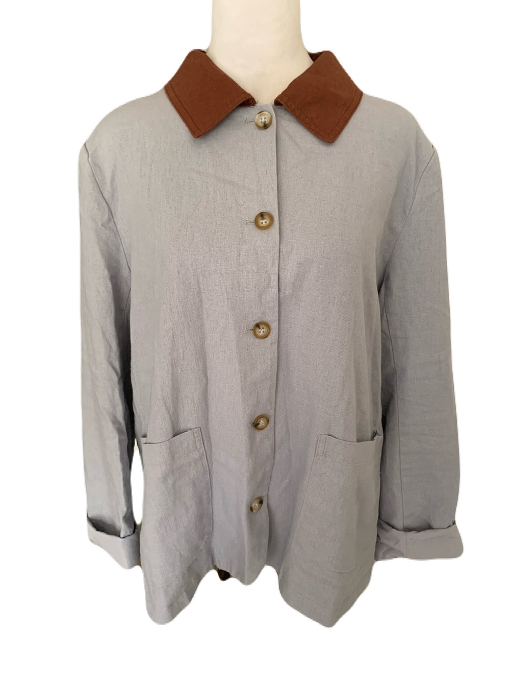Calypso St. Barth Two-Tone Utility Jacket Blue Gray Brown Collar Barn Chore